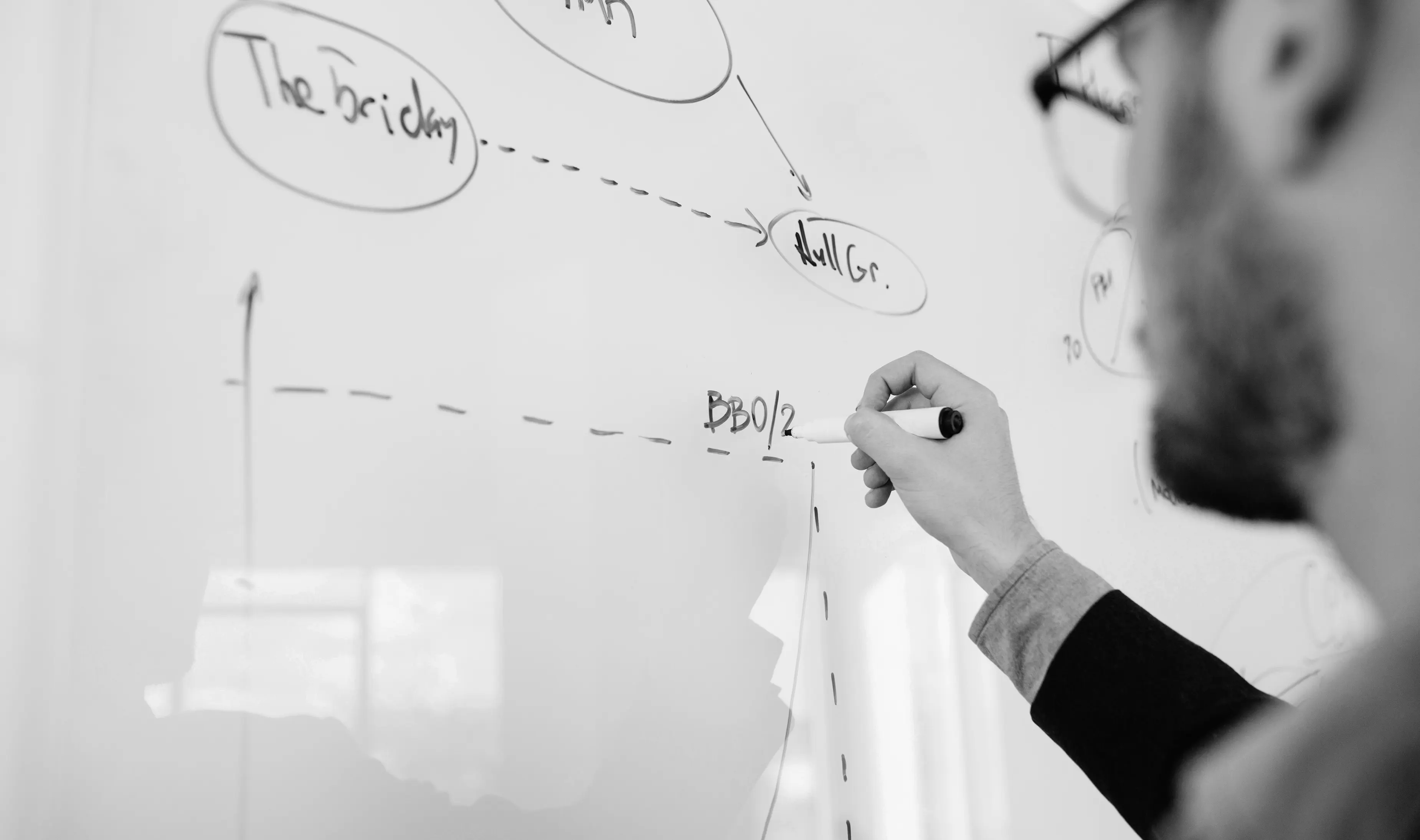 A strategy session at a whiteboard